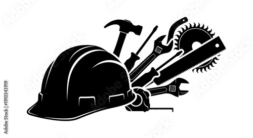 Hard Hat and Various Construction Tools.