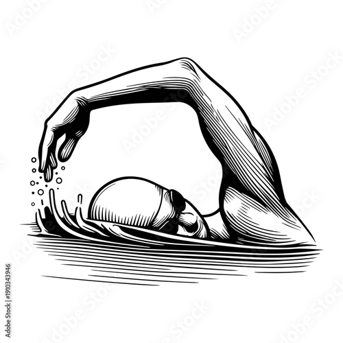 Professional Engraving-Style Illustration of a Freestyle Swimmer in Action