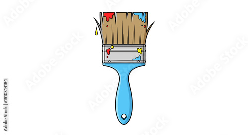 Paintbrush with Blue Handle and Colored Paint.
