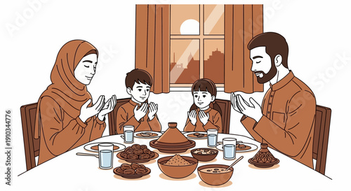 Family gathered around the dinner table, praying together before a meal in a cozy home environment viewed from the side