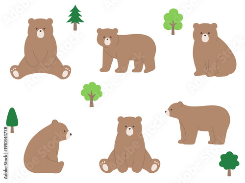 かわいいくまのベクターイラストセット。熊、動物