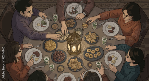 Family gathering around the dinner table enjoying a meal together in a cozy atmosphere from an overhead viewpoint.