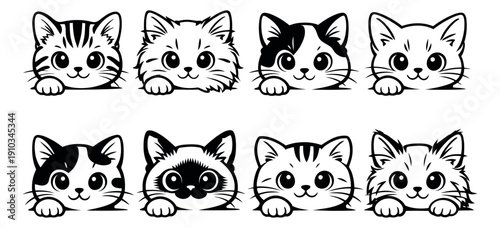 Cute line art cat faces set featuring adorable kittens peeking with paws for pet store and children's designs