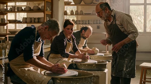 Adults participating in a hands-on pottery workshop to learn new artistic skills. Concept of adult education, creative fulfillment, work-life balance