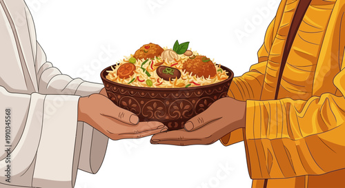 Two individuals exchanging a bowl of food, with one person passing it to another in a gesture of sharing or offering a meal.