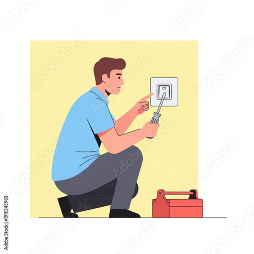 Man fixing electrical outlet while kneeling on floor indoors  