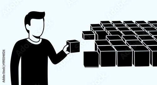 Warehouse worker stacking boxes illustration representing logistics management, inventory organization, and supply chain operations in a commercial environment. This silhouette design highlights packa