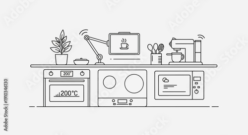Smart home interior illustration showing a modern connected living space with digital control panels and automated household systems. This clean line design represents home automation, internet of thi
