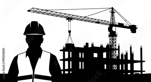 Construction site silhouette illustration featuring tower cranes and building framework representing urban development, engineering projects, and large scale infrastructure construction. This bold bla