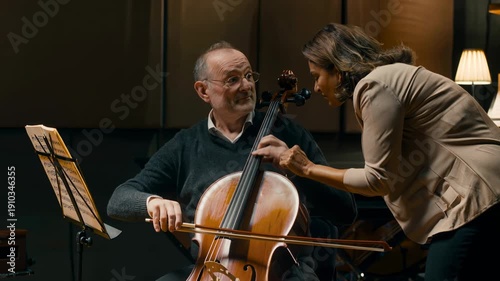 Mature adult man taking private music lessons to learn the cello. Concept of life-long learning, pursuing passion in late adulthood, and the discipline required to master a new instrument at any age.