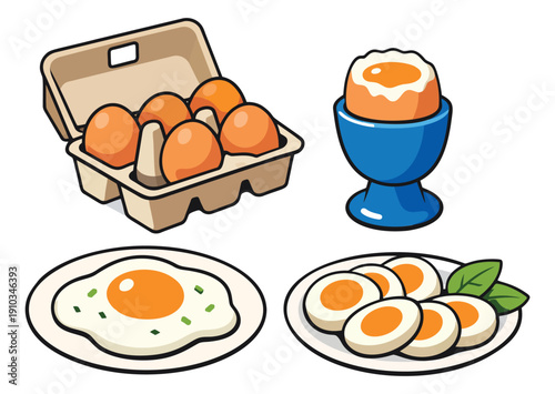 Cartoon style line art set featuring various egg preparations for breakfast, cooking, or food concepts