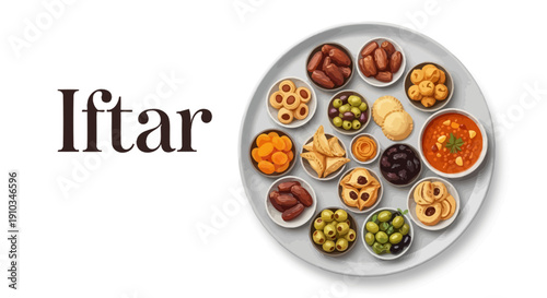 A vibrant iftar meal featuring assorted dishes on a round silver platter, viewed from above in a serene environment