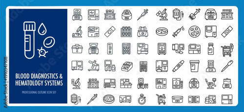 Blood Diagnostics and Hematology Outline Vector Icon Set — Laboratory Testing and Medical Analysis Editable Stroke Icons for Web and App UI