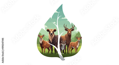 Illustration of various wild animals including a deer, bird, and whale in a design celebrating World Wildlife Day with a leaf shape on a white background.