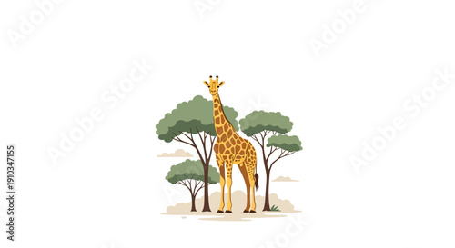 A giraffe illustration standing amidst trees on savannah, celebrating World Wildlife Day with a design element, featuring wild animals and wildlife in a natural setting.