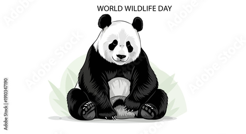 A black and white illustration of a panda sitting in a relaxed pose with green leaves behind, celebrating World Wildlife Day with a simple design