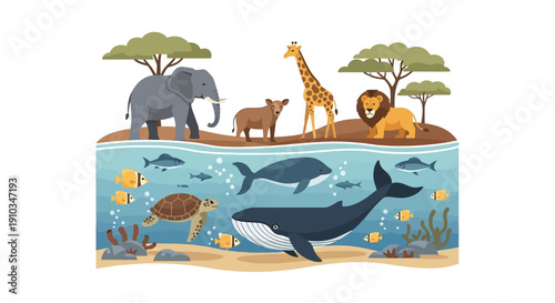 Illustration of various wild animals on land and in water for World Wildlife Day, featuring a whale, elephant, lion, and bird in a design celebrating wildlife and wild animals.