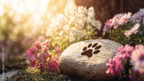 Stone with pet paw print rests in blooming flower garden. Sun shines on memorial marker among colorful blossoms. Peaceful spot for remembering beloved animal companion.