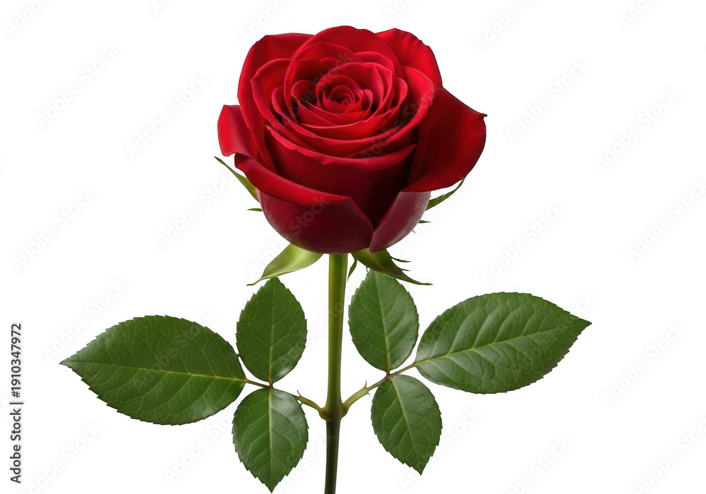 Fototapeta premium Single vibrant red rose with green leaves isolated on transparent background