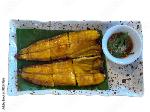 Top View Thai Grilled Catfish with Spicy Dipping Sauce Isolated on Transparent Background