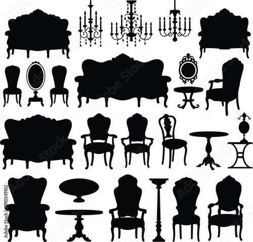 Antique baroque furniture and chandelier silhouette collection, vintage victorian sofas chairs tables mirror and decor elements vector set isolated on white background