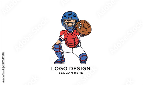 Cartoon baseball catcher in full gear ready to play.