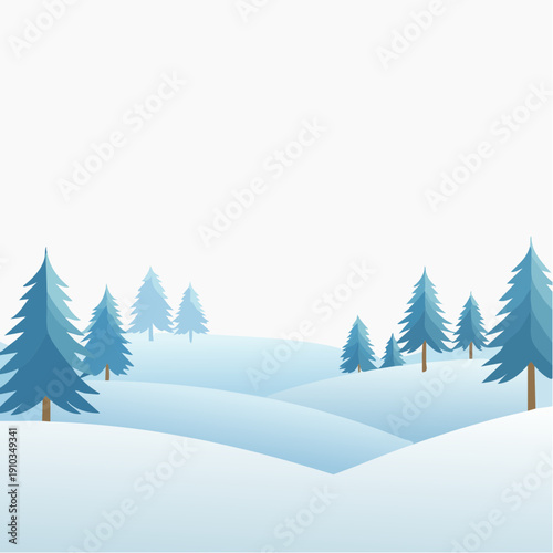Serene winter landscape featuring gently rolling snow-covered hills and stylized evergreen trees, evoking a peaceful and frosty season's beauty under a clear, crisp sky