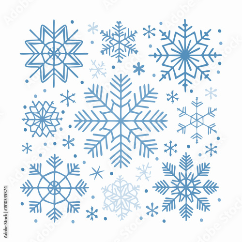 Beautiful and intricate collection of blue snowflake designs, perfect for winter holiday decorations, seasonal greeting cards, and frosty themed projects