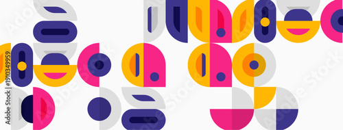 Abstract geometric pattern. Circles, semicircles, rectangles overlap. Purple, yellow, red, gray colors dominate design. Minimalist style.