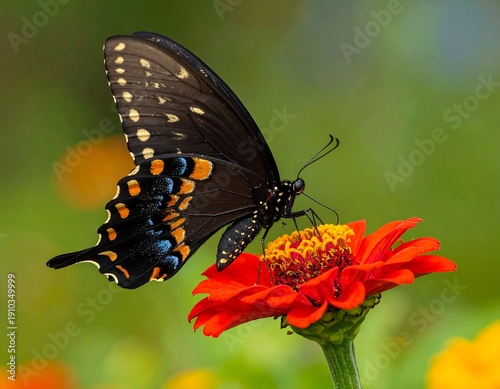 Black Swallowtail Butterfly Sipping Nectar from a Red Zinnia.