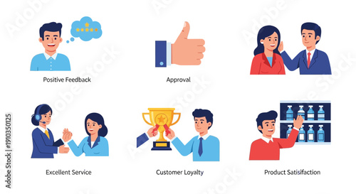 Customer service icons depicting positive feedback loyalty and satisfaction