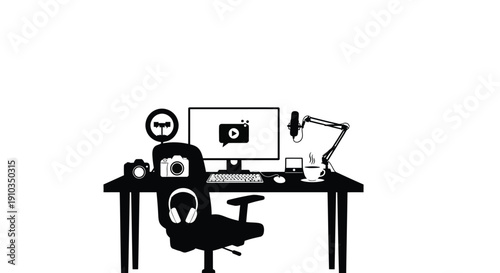 Minimalist illustration of a computer workstation with office supplies