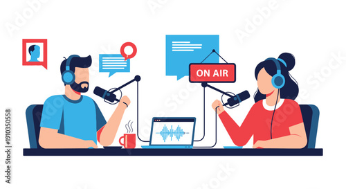 Two podcasters recording a show with microphones and studio equipment