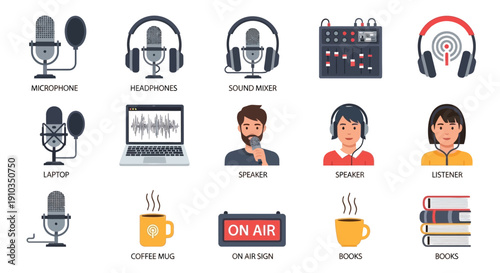 Podcast and audio recording equipment a colorful illustration set