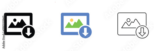 Set of Image Gallery Icon Variations. Collection of simple image placeholder icons in different styles, including filled, colored, and outlined versions, isolated on neutral background.
