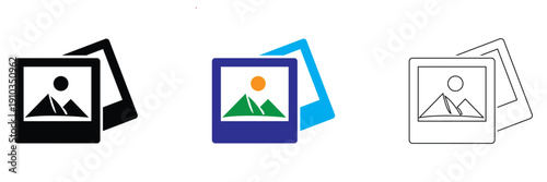 Set of Image Gallery Icon Variations. Collection of simple image placeholder icons in different styles, including filled, colored, and outlined versions, isolated on neutral background.
