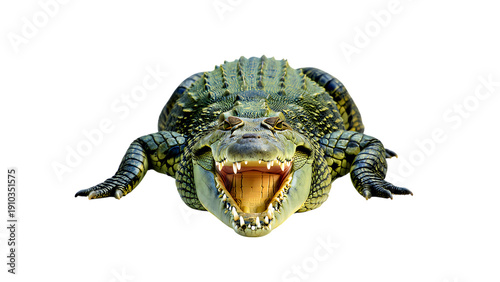 Green crocodile with open mouth showing sharp teeths close up