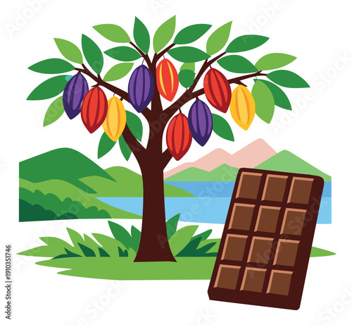 Colorful flat design illustration of a cacao tree and chocolate bar depicting the origin of cocoa for food and beverage branding