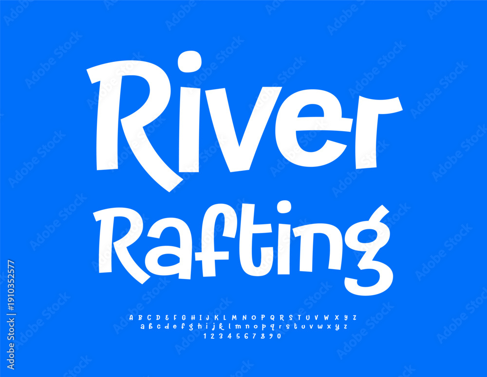 Obraz premium Vector sports logo River Rafting. Playful White font. Decorative set of Digital Alphabet Letters and Numbers.