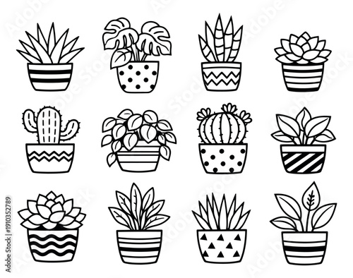 Hand drawn line art houseplants set featuring succulents, cacti, and other indoor plants in decorative pots for home and garden design