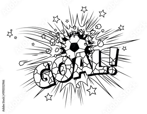 Comic book line art illustration of a soccer ball and "goal!" text depicting an explosive impact for a sports victory celebration