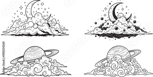 Cosmic celestial elements including moon, Saturn, and clouds, black and white illustration