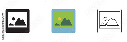 Set of Image Gallery Icon Variations. Collection of simple image placeholder icons in different styles, including filled, colored, and outlined versions, isolated on neutral background.
