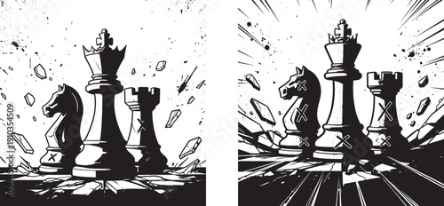Black and white illustration of chess pieces, king, knight, and rook, with shattered board effect