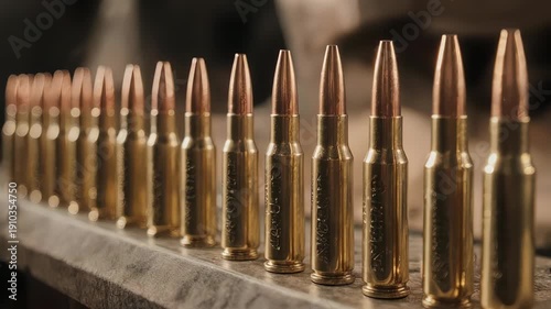 Row of Bullets on Wooden Surface.