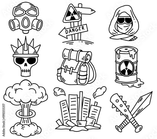 Vector set of outline icons. Post-apocalyptic and nuclear war. Protective mask, sign, city, chemical tank, nuclear explosion, and backpack. Clipart collection for stickers, websites, and games.