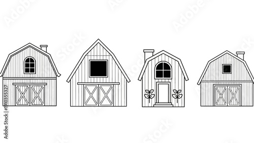 Collection of simple line drawings of barns with varying architectural details and features