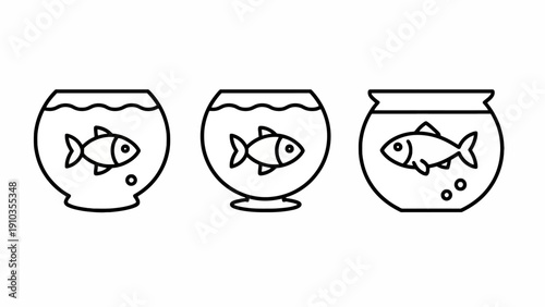 Three fish bowls with fish inside viewed from the side in a simple illustration