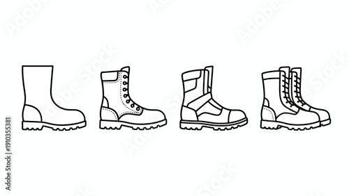 Vector illustration of various boots displayed in different styles and designs from a front viewpoint.