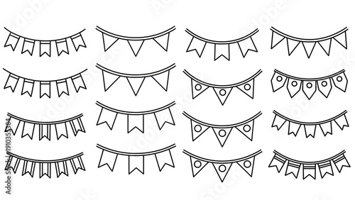 Collection of various bunting flags and garlands in different designs and arrangements, illustrated in a minimalist style.